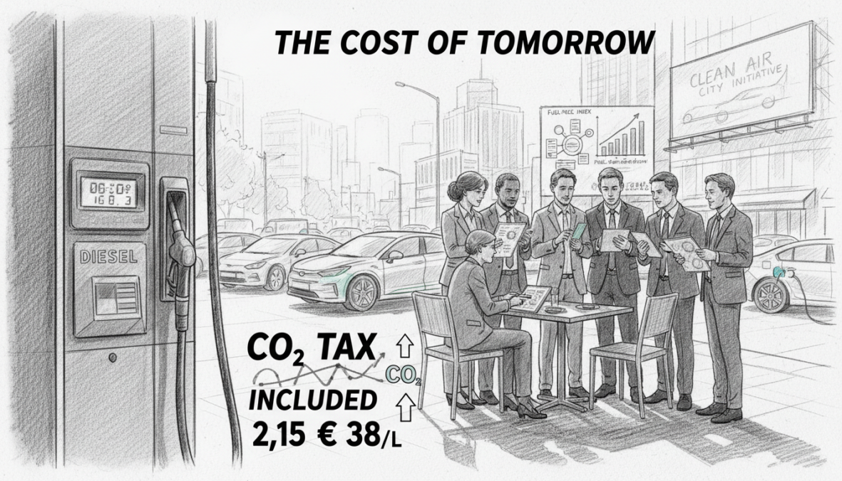 A monochrome pencil sketch depicting a dynamic urban scene focused on CO₂ pricing for fuel. In the foreground, a detailed illustration of a diesel pump with a digital display showing fluctuating price tags, conveying the impact of CO₂ regulations. In the middle ground, a diverse group of professionally dressed individuals is engaged in discussion, examining charts on their tablets, emphasizing awareness of current legislation. The background features a busy city street with vehicles reflecting modern eco-friendly designs, such as electric and hybrid cars, subtly marked with vibrant color accents. Soft, natural lighting casts intricate shadows, while a serene atmosphere suggests a shift towards sustainable transport solutions. The overall composition captures the essence of current trends in traffic and environmental policy, arranged artfully with depth and balance.