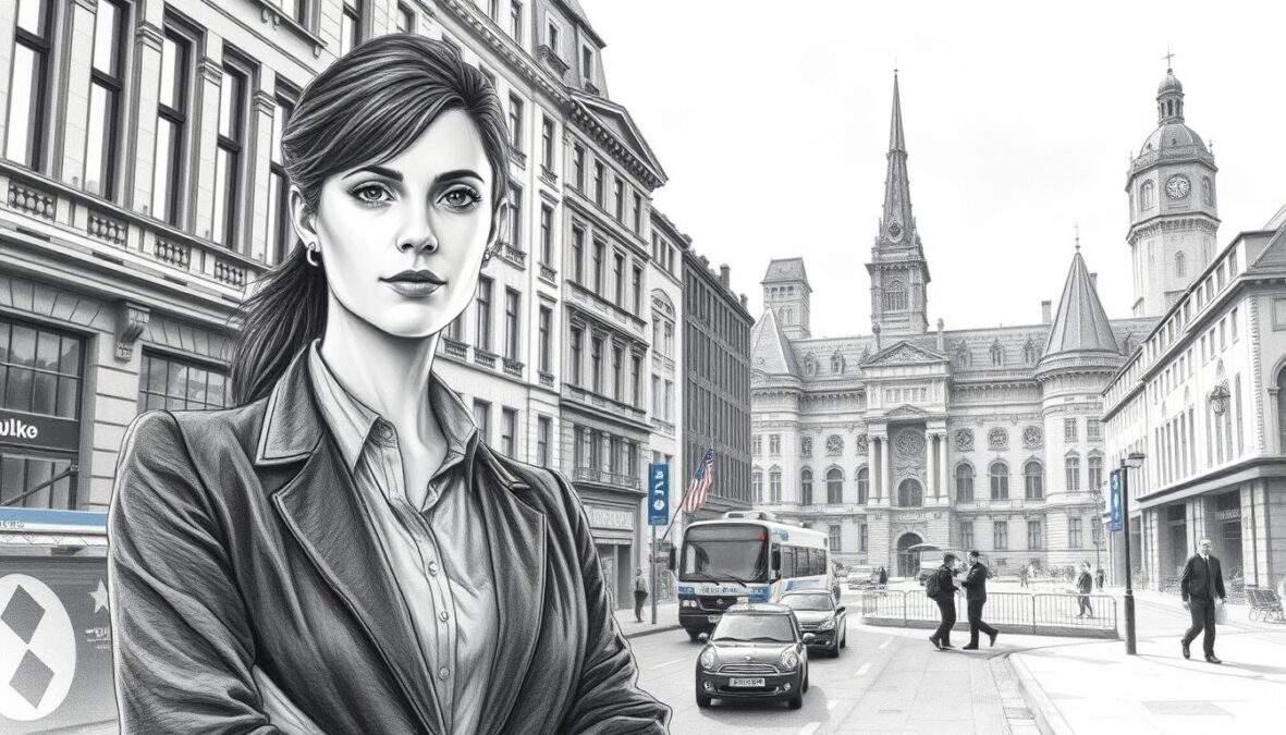 A new female investigator being introduced to the SOKO Köln team, set in an urban Köln backdrop featuring iconic architecture. In the foreground, she stands confidently, wearing smart casual business attire, exuding professionalism and determination. Her expression is focused, hinting at her dedication to solving cases. In the middle ground, elements of a bustling city street can be seen, with hints of police activity and the SOKO logo subtly integrated into the scene. The background displays a mixture of traditional and modern buildings of Köln under a gray sky, casting diffused, natural lighting on the scene. The entire image is rendered in graphite pencil with selective bursts of color accentuating key details, creating a striking contrast and emphasizing the investigator's role in the unfolding story.