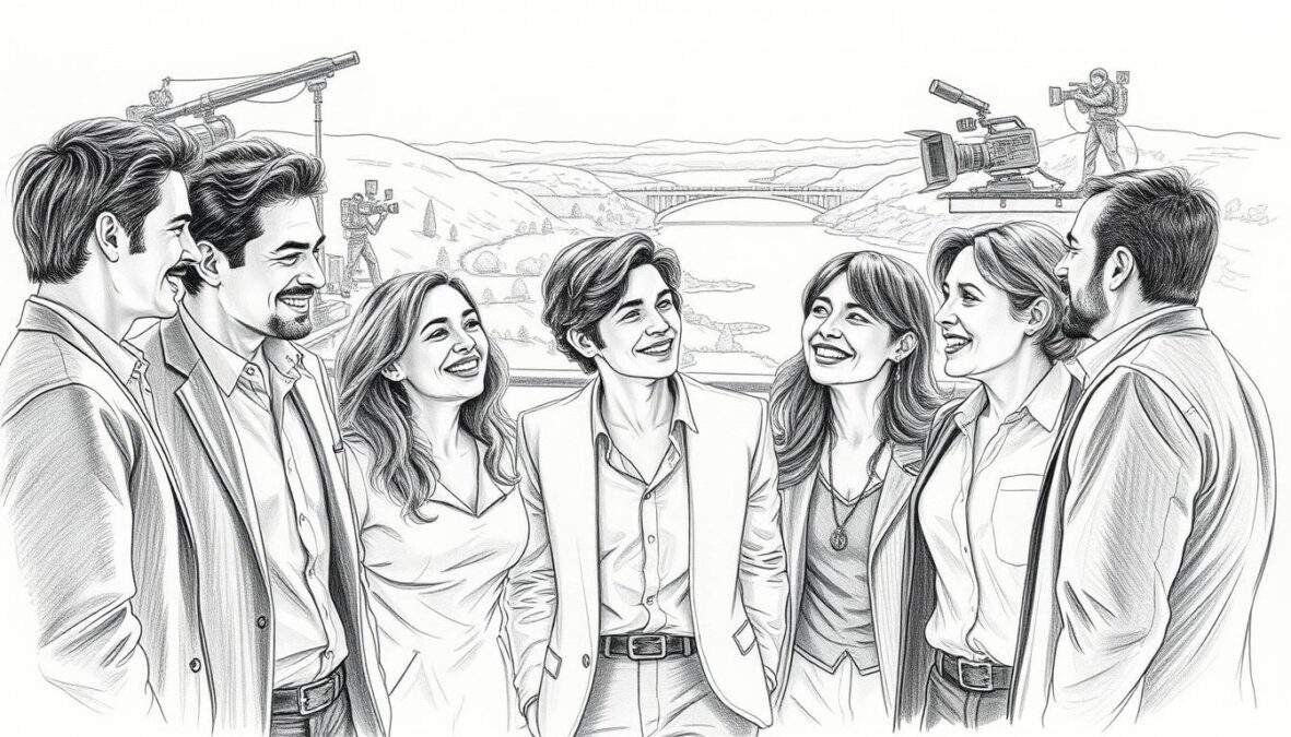 A nostalgic black and white pencil sketch capturing the SOKO Donau team in a reflective moment, surrounded by elements symbolizing their journey. In the foreground, a diverse group of actors, dressed in professional attire, shares laughter and stories, their expressions conveying warmth and camaraderie. In the middle ground, the backdrop features a stylized representation of a film set, complete with cameras and crew members, subtly detailed to add depth. The landscape softly transitions to a scenic view of the Danube River, representing the show's setting. Gentle lighting casts soft shadows, creating an intimate atmosphere, while selective color accents—perhaps in the team’s clothing or elements of the set—draw the eye and emphasize emotion. The overall mood is one of nostalgia, unity, and fond memories, inviting viewers into the heart of the team's experience.