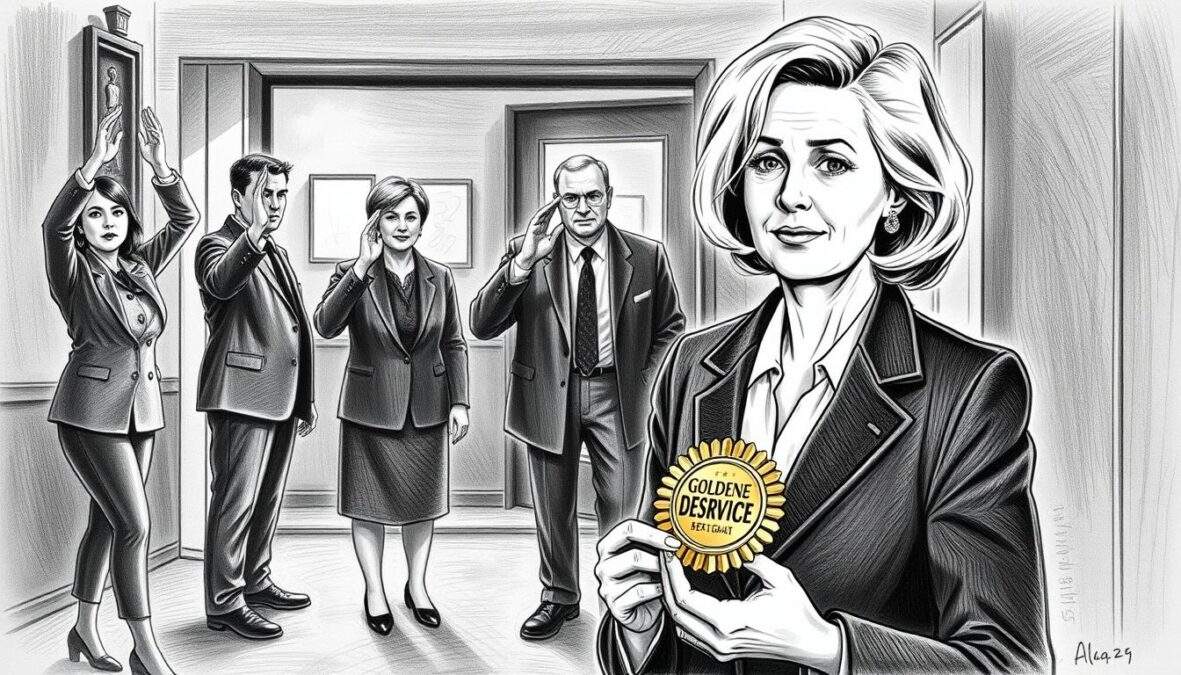 A poignant farewell scene depicting Brigitte Kren as she bids goodbye to her role in SOKO Donau. In the foreground, show her holding the "Goldene Dienstmarke" (Golden Service Badge), a symbol of her dedication, dressed in professional business attire, exuding grace and nostalgia. In the middle, capture her colleagues in a respectful salute, indicating their admiration, with soft expressions. The background features a dimly lit police station, accentuated with shadows, adding a sense of bittersweet farewell. Use black and white pencil rendering with selective colored accents, highlighting the badge and Brigitte's expressions, creating a blend of warmth and sadness in the atmosphere, evoking a sense of legacy and remembrance. A poignant farewell scene depicting Brigitte Kren as she bids goodbye to her role in SOKO Donau. In the foreground, show her holding the "Goldene Dienstmarke" (Golden Service Badge), a symbol of her dedication, dressed in professional business attire, exuding grace and nostalgia. In the middle, capture her colleagues in a respectful salute, indicating their admiration, with soft expressions. The background features a dimly lit police station, accentuated with shadows, adding a sense of bittersweet farewell. Use black and white pencil rendering with selective colored accents, highlighting the badge and Brigitte's expressions, creating a blend of warmth and sadness in the atmosphere, evoking a sense of legacy and remembrance.