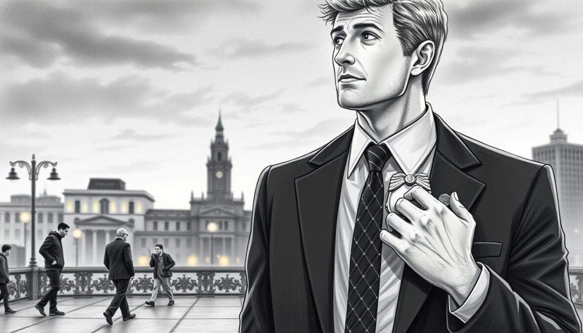 A poignant farewell scene depicting Marco Girnth in a professional suit, standing in a somber, urban environment reminiscent of Leipzig. His expression is reflective, embodying a mix of nostalgia and determination, as he gazes into the distance. In the foreground, details like a close-up of his hand resting on a vintage police badge symbolize his long-standing role in SOKO Leipzig. The middle ground features the iconic Leipzig skyline, softly lit with a dusk ambiance, casting gentle shadows. The background includes blurred silhouettes of characters from the show, hinting at his legacy among them. The entire composition is rendered in black and white pencil style, with subtle color accents highlighting elements of his suit and the badge, creating a melancholic yet hopeful atmosphere.