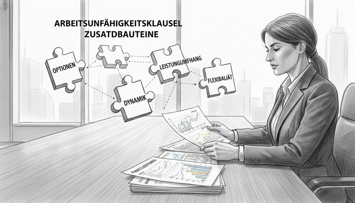 A professional and informative scene depicting the concept of "Arbeitsunfähigkeitsklausel Zusatzbausteine." In the foreground, a business professional in formal attire reviews documents, showcasing pages with financial graphs and charts. In the middle ground, there are abstract representations of supplementary modules and clauses, illustrated as interconnected puzzle pieces, adding a sense of complexity. The background features a sleek office environment, with large windows allowing soft natural light to filter in, creating a calm atmosphere. There are subtle pops of color highlighting key elements within the documents, while the overall composition is rendered in pencil sketches with black and white tones. The mood conveys professionalism and clarity, emphasizing the importance of understanding this insurance aspect.