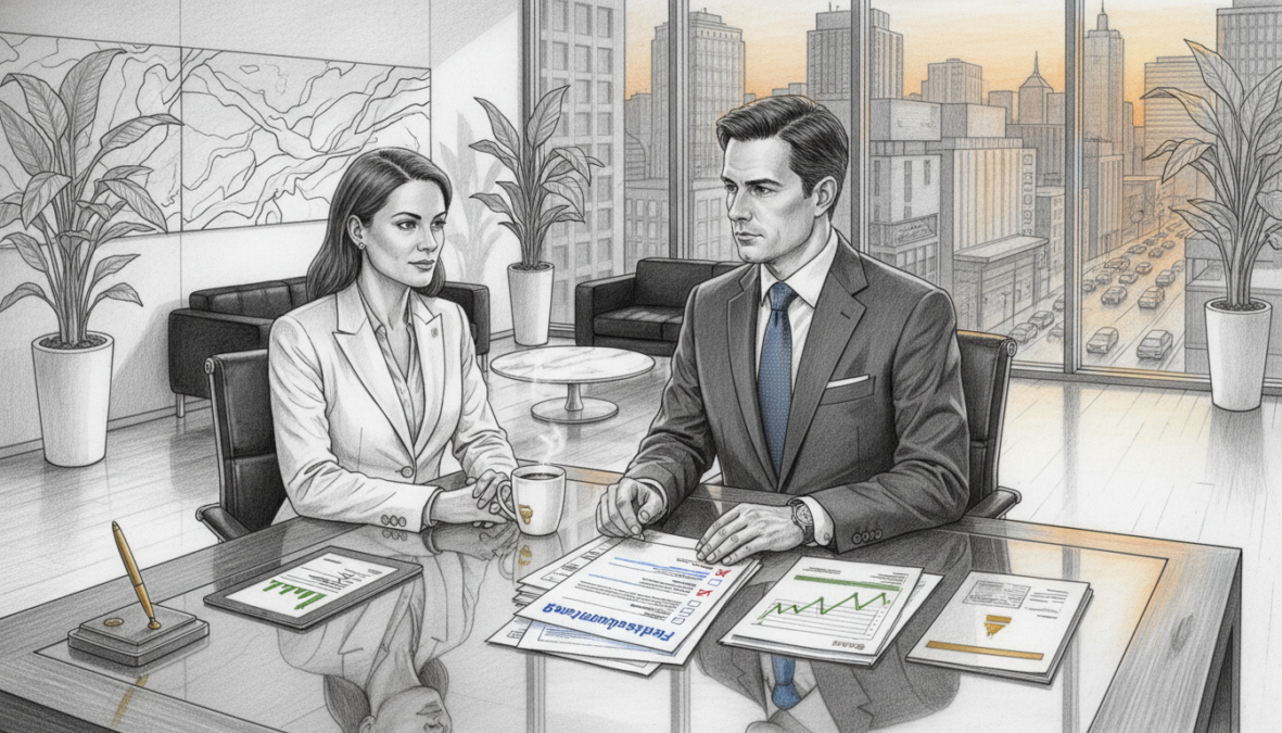 A professional bank setting depicted in pencil black and white with selective color accents. In the foreground, a well-dressed financial advisor is discussing a Freistellungsauftrag with a client at a modern glass desk, showcasing a variety of documents. The middle ground features a sleek bank interior with contemporary artwork on the walls and potted plants, enhancing the ambiance. In the background, large windows reveal a bustling cityscape, illuminated by soft, natural light filtering through. The mood is professional and focused, with an atmosphere of trust and clarity. The use of light enhances the textures of the furniture and documents, creating a sense of depth while maintaining a clean and organized appearance.