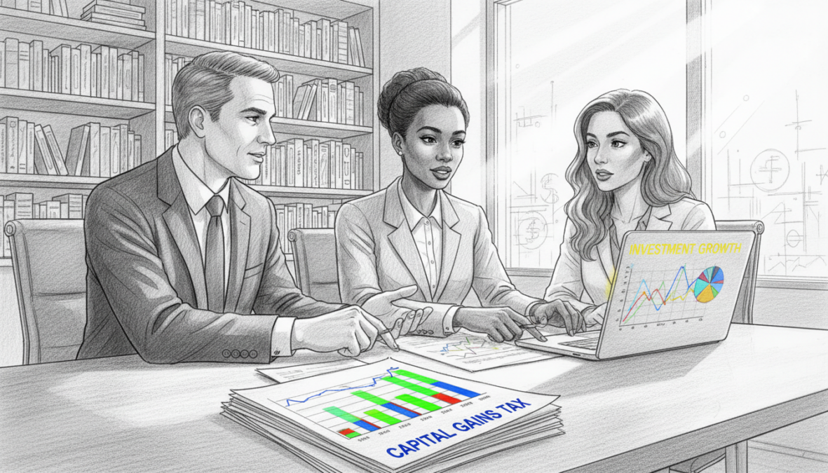 A professional business meeting scene set in a modern office, featuring a diverse group of three individuals—a middle-aged Caucasian man, a young Black woman, and a Hispanic woman—dressed in business attire, engaged in a discussion around a table. The foreground highlights detailed financial documents and a laptop displaying graphs, emphasizing concepts of capital gains tax. In the middle ground, a large window allows natural light to illuminate the scene, creating a warm and productive atmosphere. The background includes shelves filled with books on finance and investment. The overall image should be rendered in black and white pencil style, incorporating selective bursts of color on the documents and laptop screen to draw attention, evoking a sense of clarity and professionalism.