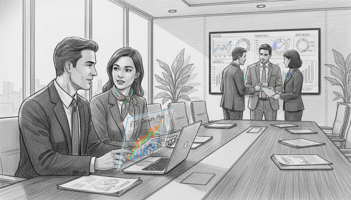 A professional business setting with a diverse group of individuals analyzing financial graphs and charts on a large screen. The foreground features a well-dressed man and woman discussing strategies while pointing at a digital display of an ETF plan. In the middle, an elegant conference table is covered with documents and a laptop, showcasing data visualizations. The background includes a modern office with glass walls and plants, enhancing the atmosphere of productivity and collaboration. The scene is illustrated in black and white pencil sketch, with selective vibrant color accents highlighting key data points on the screen and documents. Soft, natural lighting filters through the windows, creating an inviting yet focused ambiance.