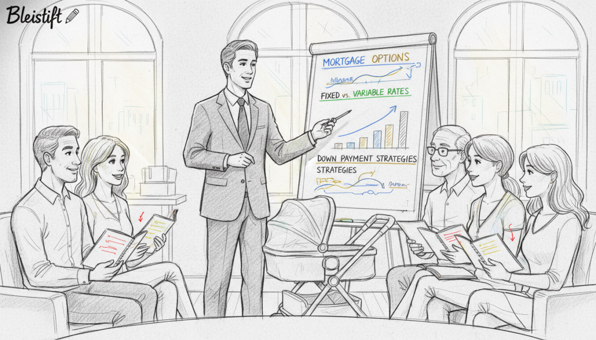 A professional financial advisor in business attire, thoughtfully explaining home financing tips to a diverse group of attentive clients in a modern office setting. The foreground features the advisor gesturing towards a large whiteboard filled with clear diagrams and graphs about mortgage options. In the middle, the clients, a mix of young families and seasoned investors, are engaged, taking notes. The background shows large windows with soft natural light illuminating the room, creating a warm atmosphere. The entire scene is rendered in black-and-white pencil sketches, with vibrant colored accents highlighting key elements like the diagrams and notes, evoking a sense of optimism and clarity in financial decision-making.