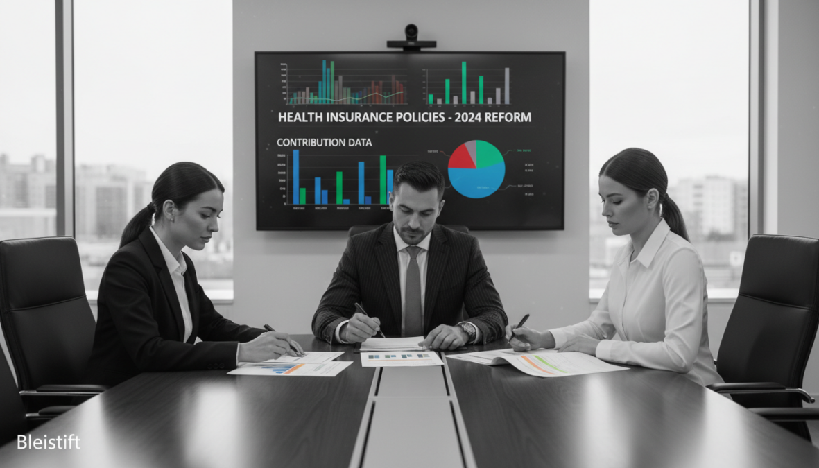 A professional meeting room with business professionals in formal attire discussing health insurance policies. In the foreground, a diverse group of three individuals—two women and one man—are seated around a sleek conference table, reviewing documents with focused expressions. The middle of the room features a large screen displaying graphs and data related to health insurance contributions. In the background, large windows let in soft, natural light, creating a calm atmosphere. The color scheme is primarily black and white, with vibrant colored accents on the charts and documents that highlight key data points. The mood is serious and contemplative, reflecting the importance of political decisions regarding health insurance.