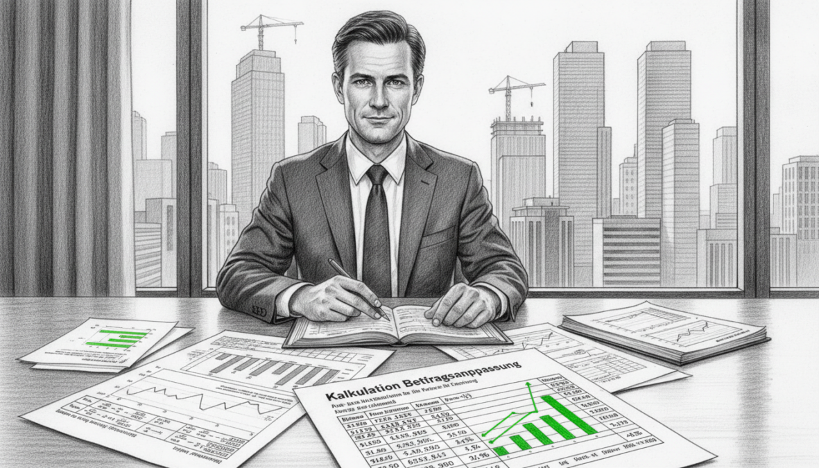 A professional, monochrome pencil drawing of a financial analyst in business attire seated at a sleek desk filled with financial documents and charts related to health insurance. The foreground showcases detailed graphs and numerical calculations illustrating "Kalkulation Beitragsanpassung," with selective color accents highlighting key figures in green. In the middle ground, a large window displays a cityscape backdrop, symbolizing progress and development in healthcare. Soft, natural lighting filters through the window, casting gentle shadows that create a thoughtful atmosphere. The mood is focused and serious, representing the current developments in health insurance for 2026, with meticulous attention to detail and composition for clarity.