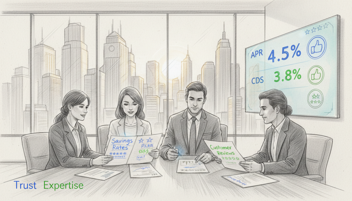 A professional office scene depicted in pencil sketch style with monochrome shading and selective color accents. In the foreground, a diverse group of business professionals in smart attire, discussing over documents that highlight savings rates and customer reviews. The middle ground features a large, modern glass window reflecting the city skyline, hinting at a bright future in finance. In the background, a digital display board showcases various interest rates and customer feedback ratings, illuminated with vibrant blues and greens. Soft, natural lighting comes through the window, creating a calm yet optimistic atmosphere, emphasizing trust and expertise in financial services.