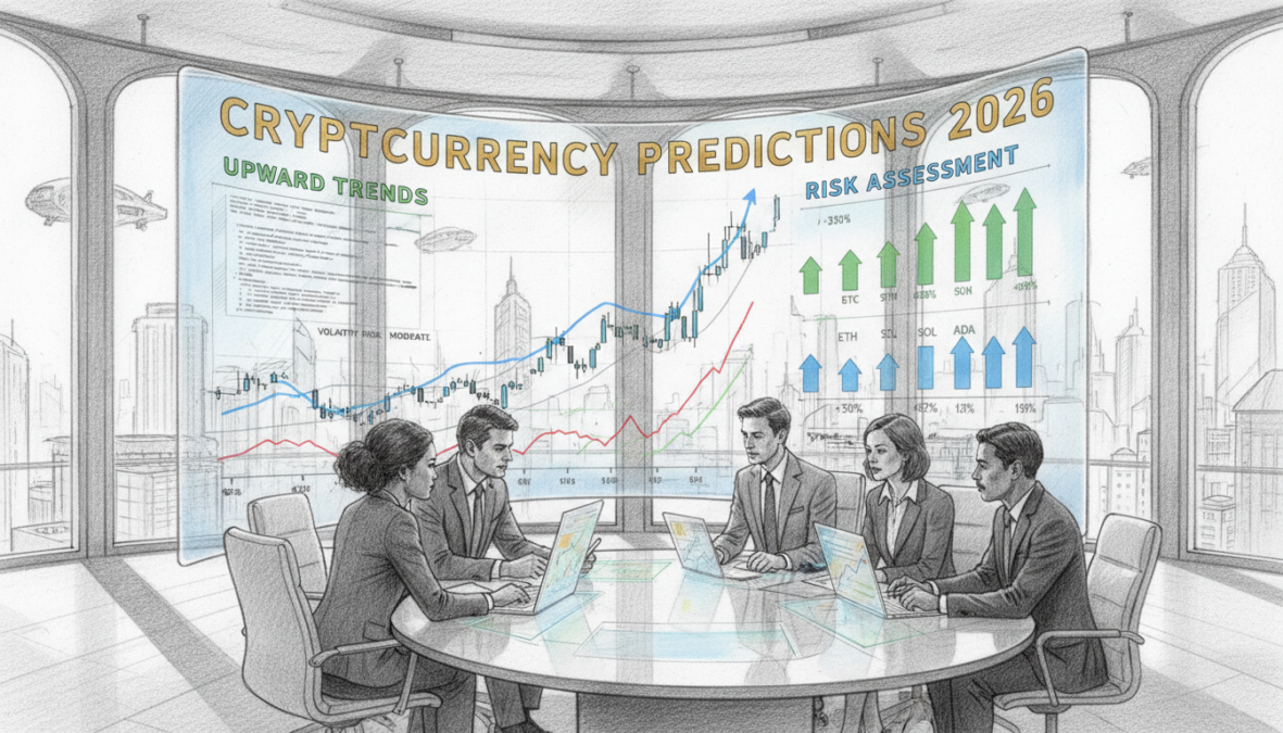 A professional setting depicting a futuristic financial analysis scene related to cryptocurrency predictions and risk assessments. In the foreground, a diverse group of business professionals in smart attire are engaging around a sleek conference table, examining digital screens filled with graphs and charts. The middle ground showcases a large digital display, illustrating upward trends and key statistics regarding cryptocurrencies for the year 2026, highlighted in soft colors against a primarily monochrome pencil-drawn background. The background features a modern office space with floor-to-ceiling windows, allowing natural light to flood in, creating an atmosphere of innovation and forward-thinking. The entire composition utilizes black and white pencil shading, with selective pops of color accentuating important data points, evoking a sense of urgency and anticipation for future investments.
