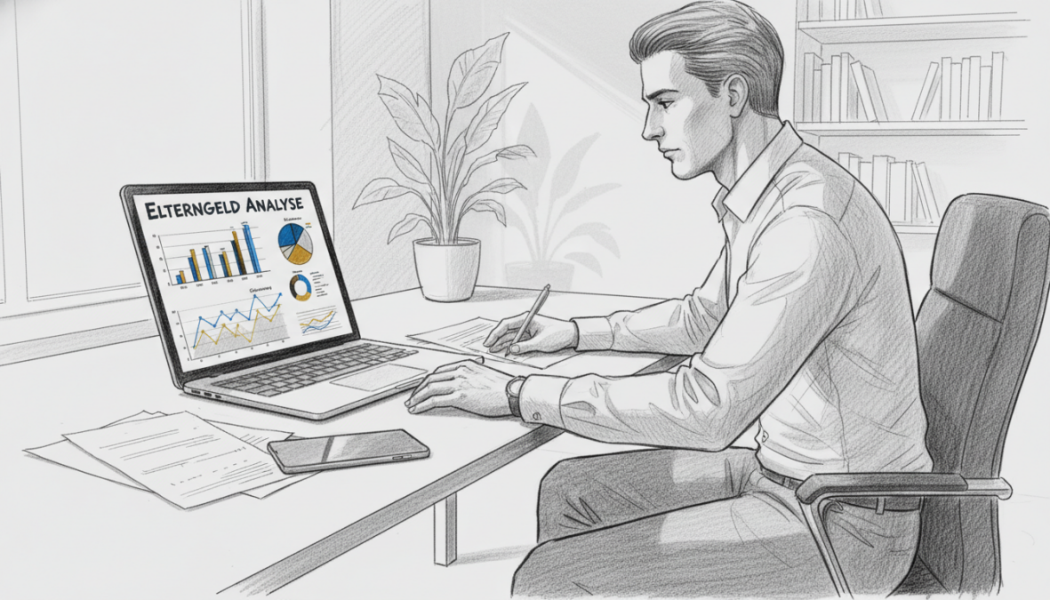 A professional workspace featuring a SERP (Search Engine Results Page) analysis for "Elterngeld," depicted in a striking black and white pencil sketch with selective color accents. In the foreground, a clean, modern desk with a laptop displaying graphs and charts related to income thresholds. In the middle ground, a focused individual in professional attire, looking intently at the screen, surrounded by papers and a smartphone. The background features a simple, minimalist office space with soft lighting to convey a sense of productivity and professionalism. The atmosphere is focused and analytical, emphasizing current developments in financial analytics related to parental benefits.