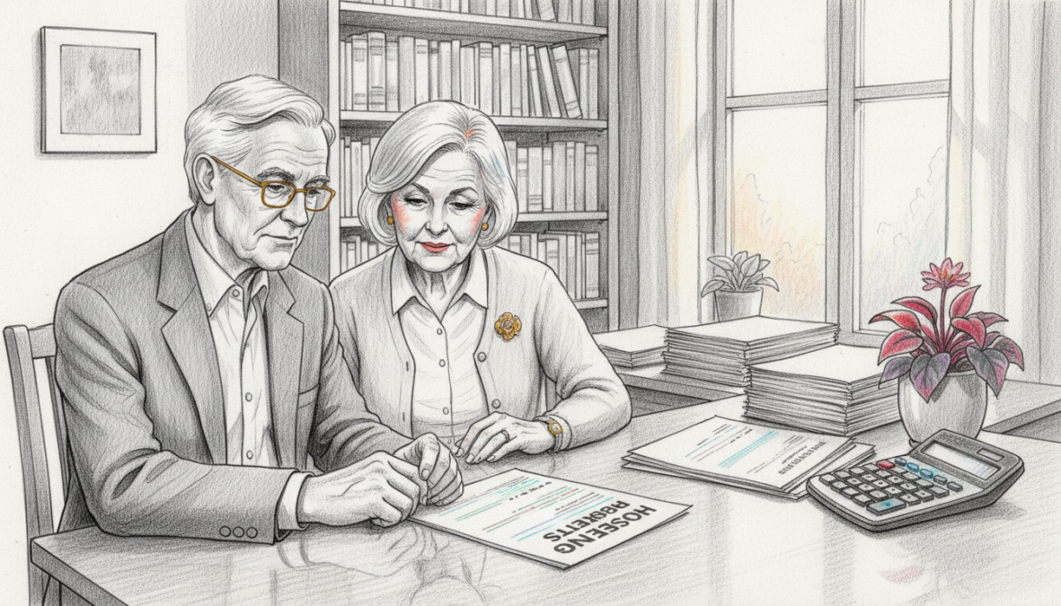 A serene and contemplative scene in a cozy living room, designed for retirees discussing financial matters. In the foreground, an elderly couple sits at a polished wooden table, both dressed in professional, modest attire, examining a document about housing benefits. Their expressions are focused yet calm, reflecting a sense of importance in the subject matter. In the middle, a well-organized desk is cluttered with financial documents, a calculator, and a small potted plant for a touch of color. The background features a tidy bookshelf filled with books and a window allowing soft natural light to stream in, creating a warm atmosphere. The entire composition is drawn in black and white pencil with selective colorful accents highlighting the documents and the couple’s expressions, conveying a sense of vitality amidst the seriousness of the topic.