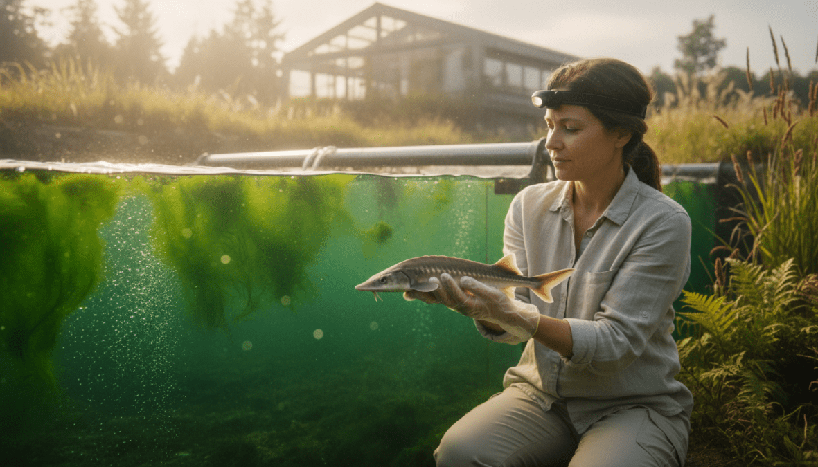 A serene aquaculture scene showcasing sustainable caviar farming, featuring lush underwater environments. In the foreground, a professional female marine biologist in modest casual clothing examines healthy sturgeon. The middle ground showcases a flowing aquaculture tank filled with vibrant green algae, gently illuminated by soft, natural sunlight filtering through the water. In the background, the distant outline of a sustainable fishery facility integrates seamlessly into the natural landscape, surrounded by native flora. The overall mood is one of harmony between nature and science, emphasizing ethical practices in aquaculture. The composition is captured with a shallow depth of field, enhancing the focus on the biologist and sturgeon, while the lighting creates a calm and hopeful atmosphere.