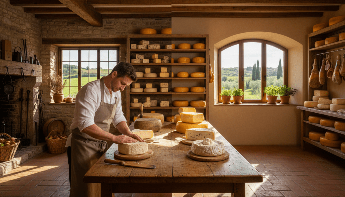 A serene cheese-making workshop set in a rustic English countryside and a sunlit Italian farmhouse. In the foreground, an artisan in professional attire is skillfully curating premium cheeses, such as Pule and truffle Brie, using traditional methods. The middle ground showcases wooden shelves filled with various artisanal cheeses, their textures and colors rich and inviting. In the background, elements of nature and rustic tools hint at the age-old craftsmanship. Soft, warm lighting bathes the scene, highlighting the rich tones of the cheeses and the warm wood tones of the workshop. The atmosphere is one of luxury and tradition, reflecting the mastery and cultural heritage of cheese-making in England and Italy.