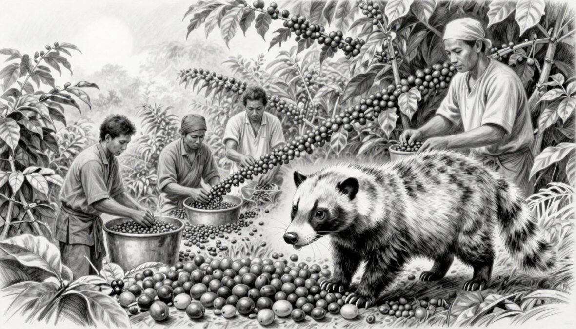 A serene coffee plantation scene featuring the unique process of producing Kopi Luwak, depicted in black and white pencil sketch with selective color accents. In the foreground, a curious civet cat is shown amongst ripe coffee cherries, its playful demeanor adding life to the image. The middle ground showcases workers carefully collecting the beans, wearing modest clothing, emphasizing the artisanal nature of the process. The background reveals lush greenery, with coffee plants sprawling under soft, diffused sunlight that casts gentle shadows, creating a tranquil atmosphere. The overall mood is reflective and educational, invoking a sense of wonder about this controversial coffee-making method, inviting viewers to appreciate the dedication involved in crafting this luxurious beverage.