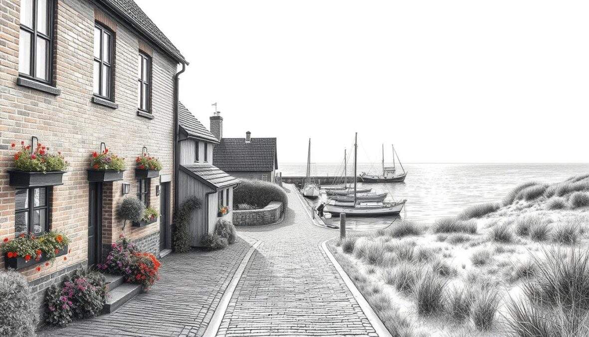 A serene scene capturing the essence of Wismar on the picturesque Baltic Coast. In the foreground, a historic brick building with traditional architecture stands proudly, adorned with vibrant coastal flowers. The middle ground features a narrow cobblestone street leading towards a charming harbor filled with fishing boats and gently rippling water, reflecting the sunny sky above. In the background, the grassy dunes and expansive beach stretch towards the horizon, where the waves meet the sky's warm hues. The entire image is rendered in black and white pencil style, with selective color accents on the flowers and boats, creating a tranquil yet vibrant atmosphere. Soft morning light bathes the scene, evoking a sense of nostalgia and peace.