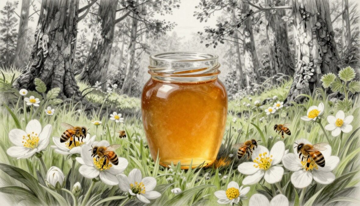 A serene scene depicting the enchanting Bashkir Forest in Russia, featuring vibrant wildflowers and lush greenery. In the foreground, a cluster of wild bees busily gathers nectar from the blossoms, showcasing their intricate details. The middle ground reveals a glistening jar of Bashkir forest honey, its rich, golden hue contrasting with the monochrome pencil-drawn environment. The background presents tall, majestic trees, their textures softly rendered in black and white. Gentle sunlight filters through the foliage, creating a tranquil atmosphere. The artwork emphasizes delicate line work with selective color accents on the honey and flowers to capture the essence of this coveted honey variety, evoking a sense of natural beauty and harmony. A serene scene depicting the enchanting Bashkir Forest in Russia, featuring vibrant wildflowers and lush greenery. In the foreground, a cluster of wild bees busily gathers nectar from the blossoms, showcasing their intricate details. The middle ground reveals a glistening jar of Bashkir forest honey, its rich, golden hue contrasting with the monochrome pencil-drawn environment. The background presents tall, majestic trees, their textures softly rendered in black and white. Gentle sunlight filters through the foliage, creating a tranquil atmosphere. The artwork emphasizes delicate line work with selective color accents on the honey and flowers to capture the essence of this coveted honey variety, evoking a sense of natural beauty and harmony.