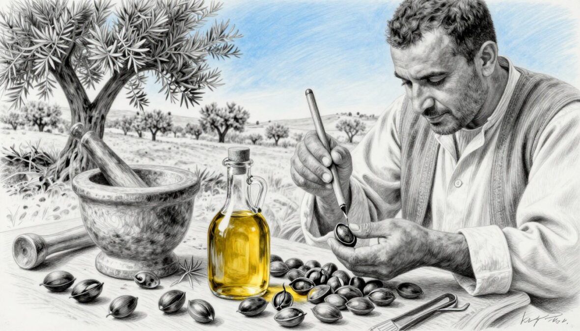 A skilled artisan harvesting argan oil manually, depicted in a black and white pencil drawing with selective color accents highlighting the rich golden hue of the oil. In the foreground, the artisan, dressed in modest casual clothing, expertly cracks open the hard shells of argan nuts, showing focus and craftsmanship. The middle ground features traditional tools of the trade, such as a mortar and pestle, surrounded by fresh argan nuts. In the background, a serene Moroccan landscape with olive trees and a clear blue sky evokes a sense of tradition and heritage. Soft, natural lighting enhances the textures of the scene while creating a warm, inviting atmosphere that reflects the artisanal process behind this precious oil.