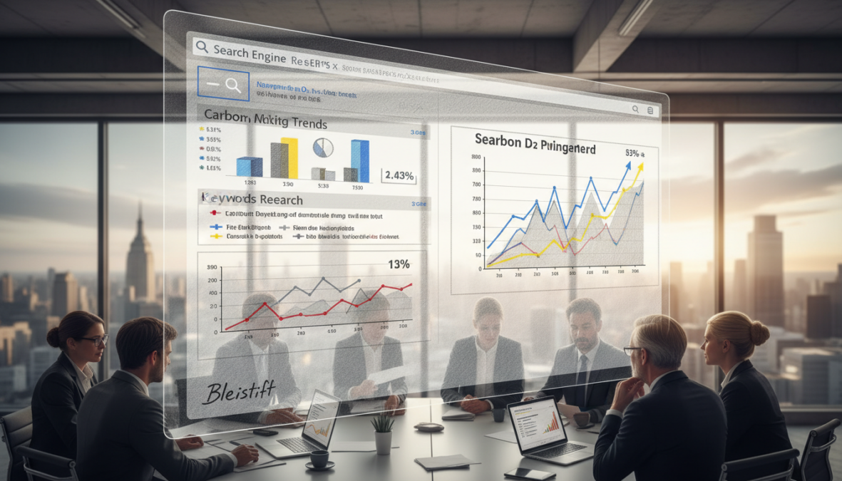A sleek, modern office setting as the foreground, featuring a diverse group of professionals in business attire, collaborating over a large screen displaying intricate SERP analysis graphs and keyword research data. In the middle, there's a digital presentation showcasing rising trends in searches, highlighted keywords, and charts illustrating CO2 pricing, incorporating creative use of black and white in pencil with selective color accents to emphasize important data points. The background reveals a panoramic view of a bustling cityscape, bathed in soft, warm lighting to create a productive atmosphere. The composition is captured from a slightly elevated angle, with a focus on the screen and the engaged expressions of the professionals, conveying concentration and teamwork. The overall mood is innovative and analytical, embodying a forward-thinking approach to digital marketing strategy.