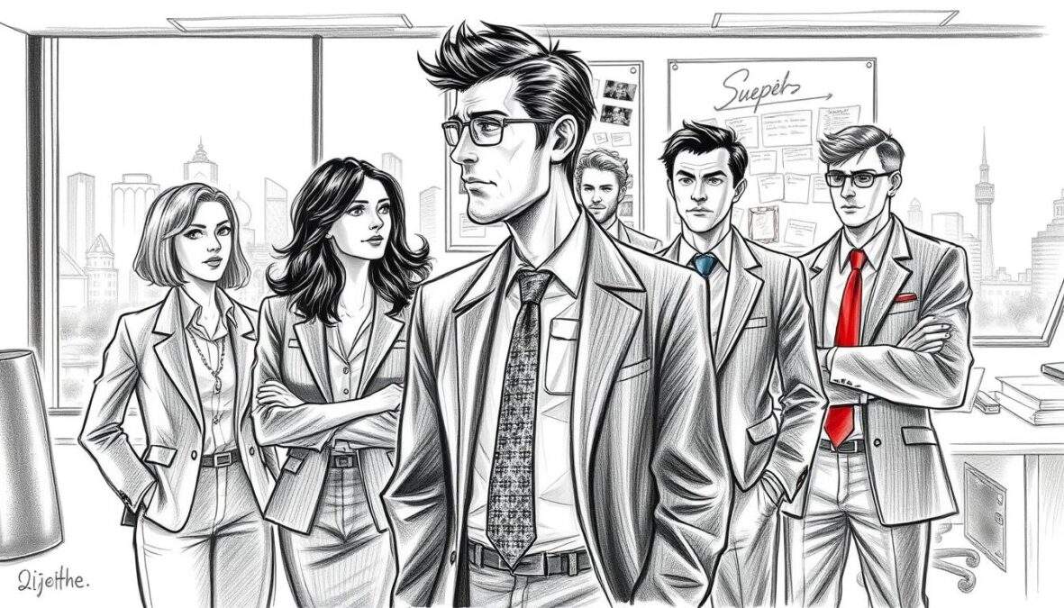 A somber yet hopeful image illustrating the future of the SOKO Leipzig team after Marco Girnth's departure. In the foreground, a diverse group of detectives in professional business attire stands together, some exchanging contemplative glances. Their expressions reflect a mix of determination and resolve. In the middle ground, a well-lit modern office environment with desks and investigation materials hints at ongoing work, while a large bulletin board displays photographs and notes symbolizing teamwork and future cases. The background features soft, blurred city skyline, suggesting a vibrant, urban setting. Utilize a monochromatic pencil sketch style with selective color accents in the detectives' ties and office elements, creating a striking contrast. The overall mood should convey optimism and readiness for new challenges ahead. A somber yet hopeful image illustrating the future of the SOKO Leipzig team after Marco Girnth's departure. In the foreground, a diverse group of detectives in professional business attire stands together, some exchanging contemplative glances. Their expressions reflect a mix of determination and resolve. In the middle ground, a well-lit modern office environment with desks and investigation materials hints at ongoing work, while a large bulletin board displays photographs and notes symbolizing teamwork and future cases. The background features soft, blurred city skyline, suggesting a vibrant, urban setting. Utilize a monochromatic pencil sketch style with selective color accents in the detectives' ties and office elements, creating a striking contrast. The overall mood should convey optimism and readiness for new challenges ahead.