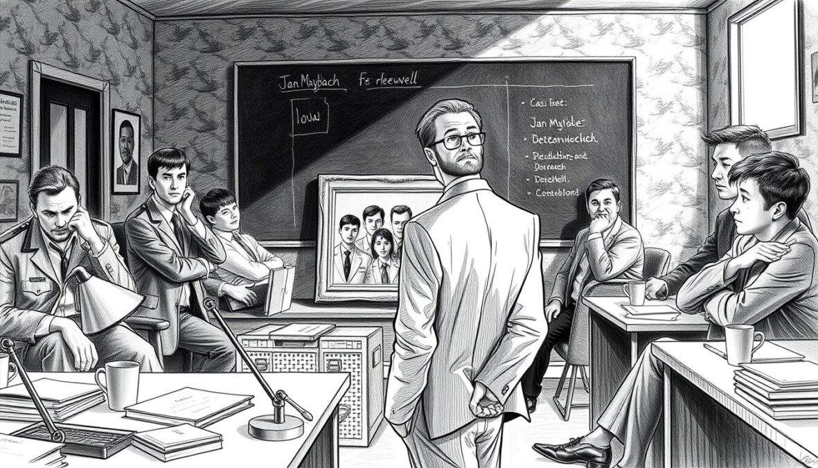 A somber yet reflective scene featuring a group of detectives gathered in a dimly lit office, hinting at their long-standing camaraderie. In the foreground, a central figure, Jan Maybach, dressed in modest business attire, gazes thoughtfully at a framed photo of his team, symbolizing his farewell. To the sides, colleagues lean against desks and walls, displaying a mix of emotions—nostalgia and pride. The middle ground includes scattered case files and coffee mugs, adding to the atmosphere of familiarity. In the background, a chalkboard covered in case notes casts soft shadows, illuminated by warmth from desk lamps. The overall mood is bittersweet and contemplative, captured in a black-and-white pencil sketch style with selective subtle color accents to emphasize significant elements like Jan’s suit and the photo frame.