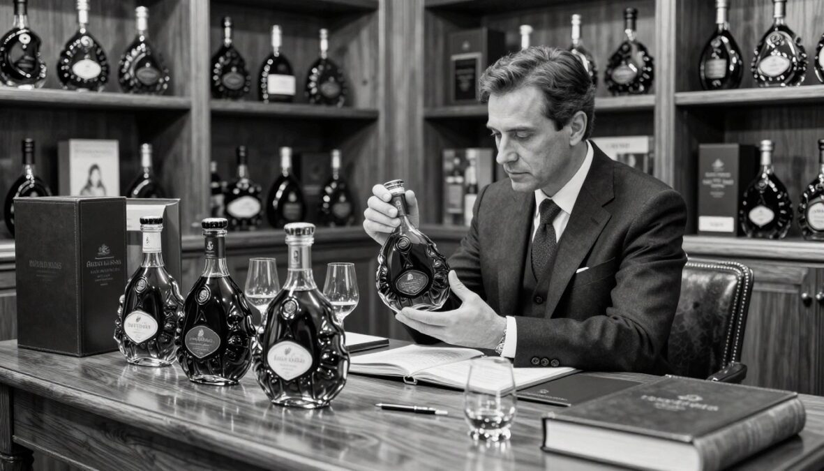 A sophisticated and elegant scene depicting a luxurious cognac shopping experience. In the foreground, a polished wooden table showcases several exquisite bottles of high-end cognac, their intricate labels glimmering in soft, warm light. In the middle ground, a well-dressed gentleman, in a sleek suit, attentively examines a bottle, his contemplative expression reflecting appreciation for the fine craftsmanship. Surrounding him, rich leather-bound books on cognac tasting and elegant glasses are artfully arranged. In the background, an inviting wine cellar filled with wooden shelves stacked high with premium cognac bottles creates an atmosphere of exclusivity. The scene is drawn in black and white pencil with subtle, selective color accents highlighting the cognac bottles, evoking a sense of refinement and expert knowledge. The lighting is soft and intimate, capturing the allure of luxury.