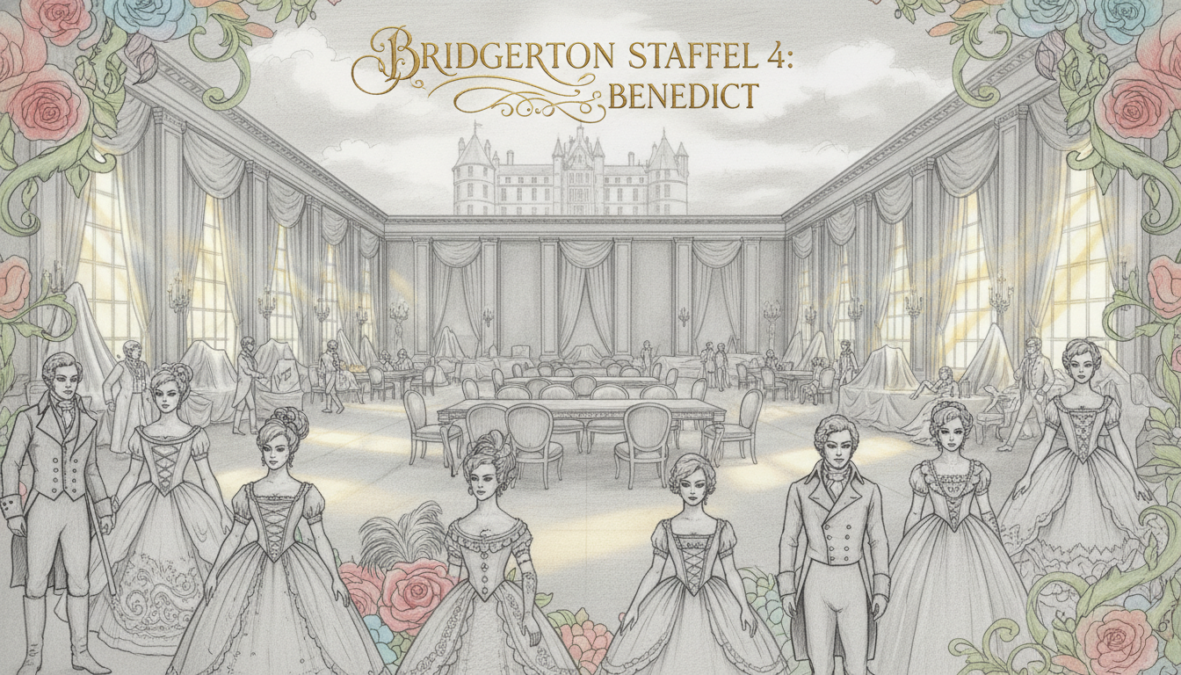 A sophisticated and stylish overview of the upcoming Netflix series "Bridgerton Staffel 4," focusing on the character of Benedict. In the foreground, create an elegant display featuring intricate sketches of opulent Regency-era costumes with delicate detailing, surrounded by whimsical floral accents in muted pastels. The middle ground should showcase a grandiose setting reminiscent of a lavish ballroom with classic furnishings, draped in subtle shades of grey. In the background, a faint silhouette of a castle hints at the historical context, while soft, dappled lighting forges a warm and inviting atmosphere. Utilize a pencil drawing style in black and white, incorporating selective colorful highlights to enhance key elements. The overall mood should be one of sophistication and anticipation, reflecting the essence of the series.