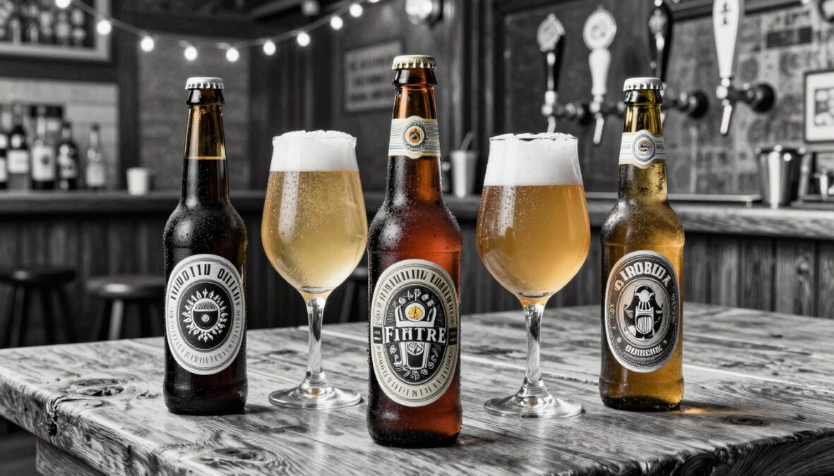 A sophisticated arrangement of exclusive beers from around the world, presented on a rustic wooden table. In the foreground, showcase three elegantly crafted beer bottles adorned with intricate labels, highlighting their unique origins and flavors. One bottle features a dark stout, another a golden ale, and the last an amber lager, each adorned with colorful accents and artistic designs. In the middle ground, display a stylish wine glass filled with a golden-hued beer, capturing the light beautifully, with condensation forming on the outside. The background reflects a cozy, dimly lit pub ambiance, with softly glowing string lights and vintage beer taps adding warmth to the atmosphere. Use a black and white pencil sketch style with selective color highlights to accentuate the beers, evoking an air of sophistication and exclusivity.