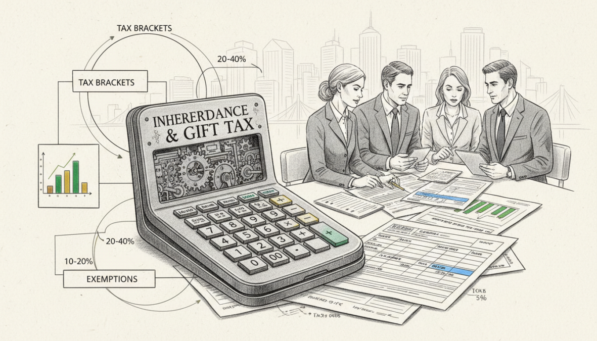 A sophisticated, black-and-white illustration depicting the functioning of an inheritance and gift tax calculator. In the foreground, a detailed, stylized calculator is displayed, surrounded by diagrams illustrating tax brackets and exemptions. The middle layer features business professionals in smart attire, engaged in thoughtful discussion over tax forms and financial documents, exuding a sense of collaboration and expertise. In the background, faint outlines of a city skyline represent the broader economic context. The entire scene is set in soft, diffused lighting to create a professional and serious atmosphere, with selective splashes of color highlighting key figures and data points on the documents.