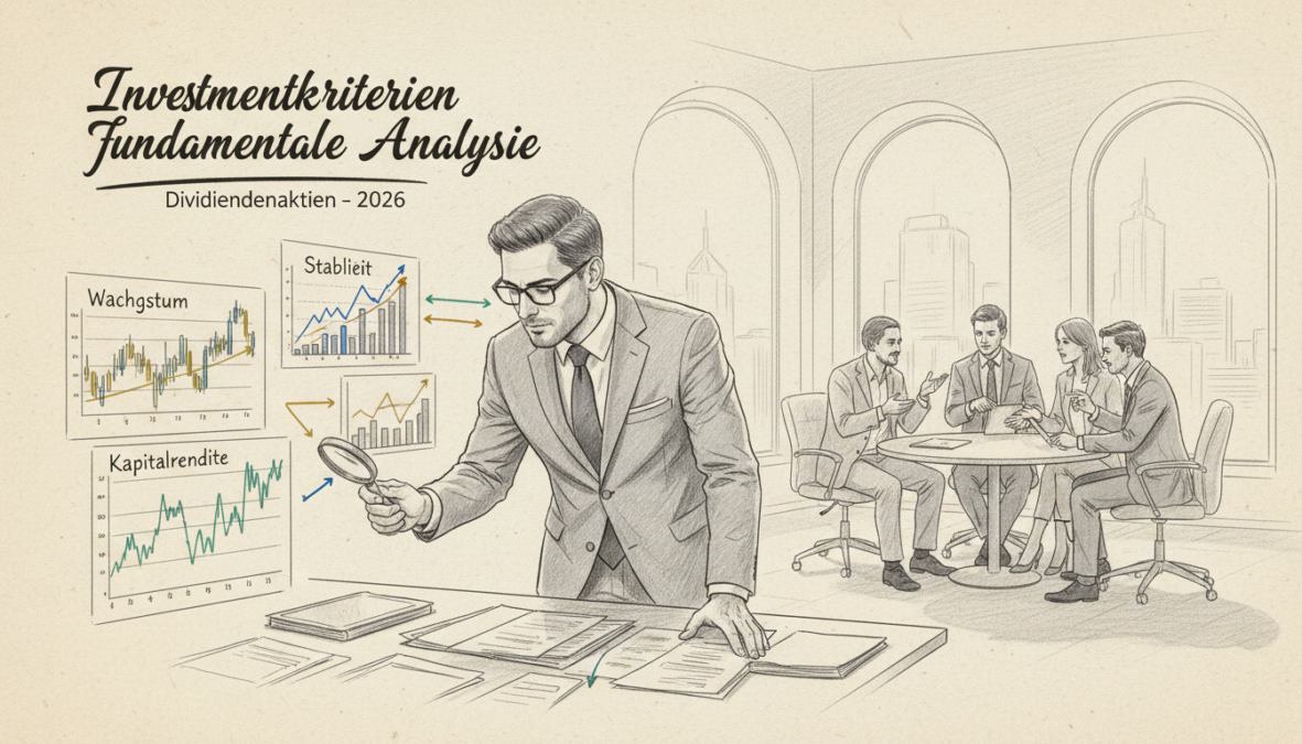 A sophisticated black-and-white pencil sketch illustrating "Investmentkriterien fundamentale Analyse" for dividend stocks, with selective color accents highlighting key investment criteria such as growth, stability, and return on investment. In the foreground, a well-dressed business professional analyzes financial reports, surrounded by charts and graphs depicting stock performance. In the middle ground, a diverse group of investors engaged in discussion, symbolizing collaboration and strategic thinking. The background features a minimalist office environment with large windows allowing soft, natural light to enhance the scene, creating a mood of focused determination and professionalism. The overall atmosphere is one of analytical rigor and financial insight, capturing the essence of investment criteria for 2026.