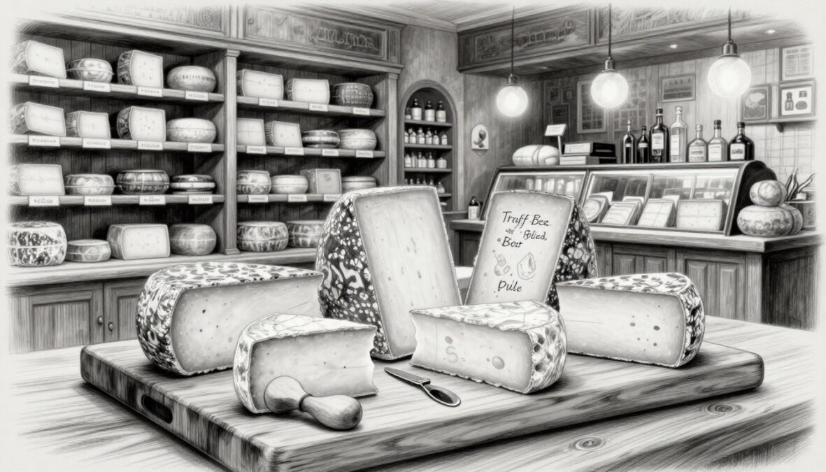 A sophisticated cheese buying and storage scene illustrated in black and white pencil sketch, with selective color accents. In the foreground, a handsome wooden cheese board is laden with an assortment of luxurious cheeses, such as pungent Pule and decadent Trüffel-Brie, artfully arranged with delicate cheese knives. The middle ground shows an elegant, well-organized storage area with shelves lined with cheese varieties, showcasing labels highlighting their unique qualities. The background features a tasteful, rustic cheese shop with softly glowing light fixtures, creating a warm, inviting atmosphere. The overall mood should evoke a sense of luxury and refinement, perfect for connoisseurs about to indulge in rare delicacies.