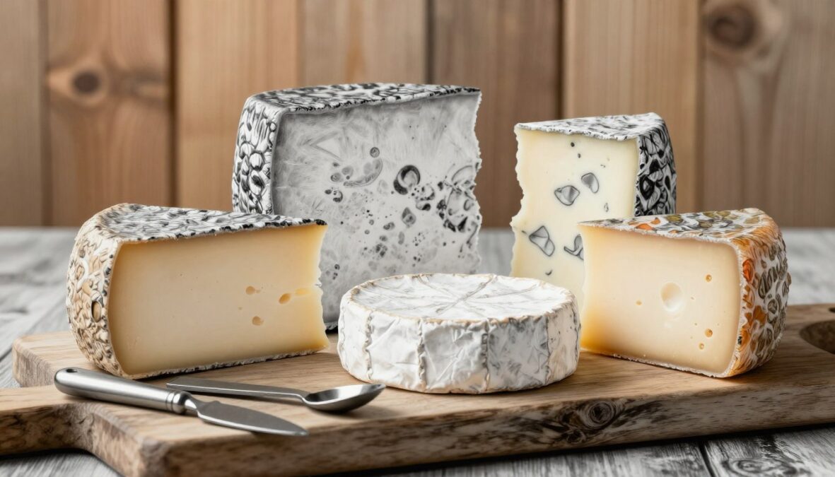 A sophisticated composition depicting the sensory profiles of gourmet cheeses. In the foreground, various aged cheeses like Pule and Trüffel-Brie are artistically arranged on a rustic wooden board, showcasing their textures and colors, with delicate, colorful accents highlighting their rich rinds and creamy centers. In the middle ground, taste-testing utensils such as artisanal cheese knives and tasting spoons lie adjacent, hinting at the importance of sensory exploration. The background features a softly blurred wooden wall, evoking a warm, rustic atmosphere. Natural warm lighting envelops the scene, casting gentle shadows and enhancing the textures. Capture this in black and white pencil sketch style, with selective color accents on the cheeses, creating a focus that draws the viewer into the world of exquisite flavors.