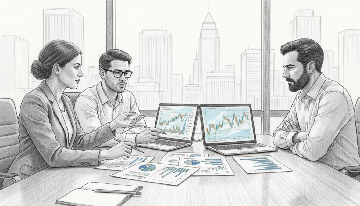 A sophisticated office setting featuring a polished wooden table with financial reports and charts related to dividend stocks. In the foreground, a diverse group of three professionals, two men and one woman, are intently discussing the documents, all dressed in smart business attire. They appear engaged and focused, with expressions reflecting concentration and analysis. The middle layer showcases open laptops displaying stock market graphs and dividend analysis, providing a sense of active collaboration. In the background, large windows allow soft, natural light to flood the room, highlighting a city skyline. The entire image is rendered in pencil black and white, with selective color accents on the charts and reports, creating a striking contrast that emphasizes the analytical theme. The atmosphere conveys professionalism, teamwork, and expertise in financial evaluations.