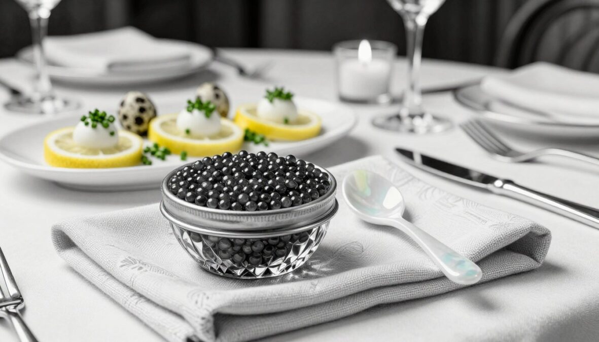 A sophisticated tabletop scene featuring the elegant presentation of caviar, captured in a black and white pencil sketch with selective color accents. In the foreground, a lavish crystal caviar server filled with glossy Beluga caviar rests on an intricately folded linen napkin. Beside it, delicate mother-of-pearl spoons gleam softly. In the middle ground, artfully arranged garnishes such as thinly sliced lemon, finely chopped chives, and quail eggs add pops of color, inviting the viewer to enjoy the delicacies. The background features a tastefully set dining table with soft candlelight casting a warm glow, creating an intimate and luxurious atmosphere. The scene captures the essence of high-end dining etiquette, emphasizing sophistication and culinary artistry.
