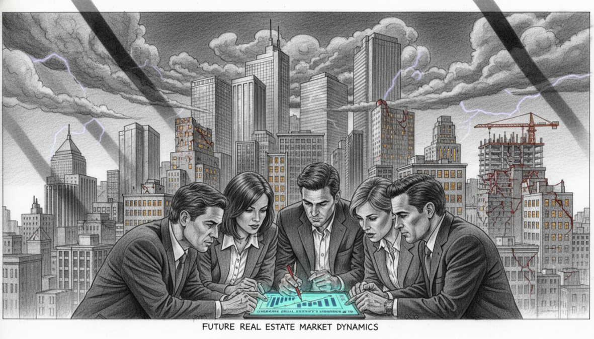 A sophisticated urban landscape depicting the real estate market in 2026, illustrated in black and white pencil with selective color accents. In the foreground, a diverse group of professionals in business attire analyzes a digital tablet showing real estate data trends. The middle ground presents a busy city skyline with a mix of modern skyscrapers and residential buildings, symbolizing opportunities and risks in the market. Towering in the background, a cloud-covered financial district looms, representing uncertainty. The atmosphere is tense yet hopeful, illuminated by dramatic lighting that casts shadows, adding depth. The overall composition conveys insights into the future of real estate pricing and market dynamics.
