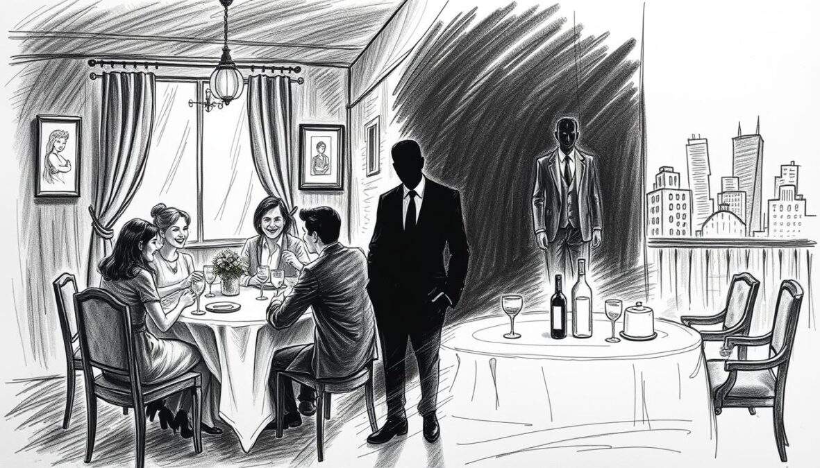 A stark black and white pencil sketch illustrating "Crimes in the Private Sphere: Family, Relationships, Double Lives." In the foreground, a split scene shows two contrasting lives: one side depicts a seemingly happy family dinner with a warm ambiance—dim lighting, a set table, and smiling faces. The other side reveals a shadowy figure in a suit, standing alone in a dark alley, symbolizing secrecy and hidden truths. In the middle, a blurred interaction between the two worlds, with faint colors accentuating the edges of the family scene and the dark figure, hinting at tension. The background is a cityscape, subtly sketched in muted tones, enhancing a sense of duality and intrigue. The overall mood combines warmth and unease, inviting reflection on hidden lives and their consequences.