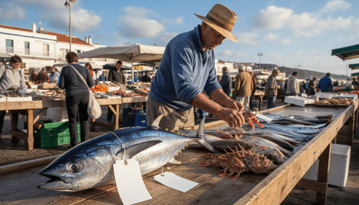 A striking, professional image illustrating the concept of high fish prices due to rarity. In the foreground, a majestic bluefin tuna, glistening under soft, natural lighting, is displayed on a wooden market stall, with price tags prominently shown but without text. In the middle ground, a fisherman in modest casual clothing, examining rare fish species with a focused expression, highlights the human element and connection to fishing. In the background, a picturesque seaside market bustling with activity under a clear blue sky, adds depth and context, conveying the vibrant atmosphere of a coastal village. The overall mood is one of appreciation for the value of rare seafood, showcasing both the beauty of the fish and the passion of those who pursue them. A striking, professional image illustrating the concept of high fish prices due to rarity. In the foreground, a majestic bluefin tuna, glistening under soft, natural lighting, is displayed on a wooden market stall, with price tags prominently shown but without text. In the middle ground, a fisherman in modest casual clothing, examining rare fish species with a focused expression, highlights the human element and connection to fishing. In the background, a picturesque seaside market bustling with activity under a clear blue sky, adds depth and context, conveying the vibrant atmosphere of a coastal village. The overall mood is one of appreciation for the value of rare seafood, showcasing both the beauty of the fish and the passion of those who pursue them.
