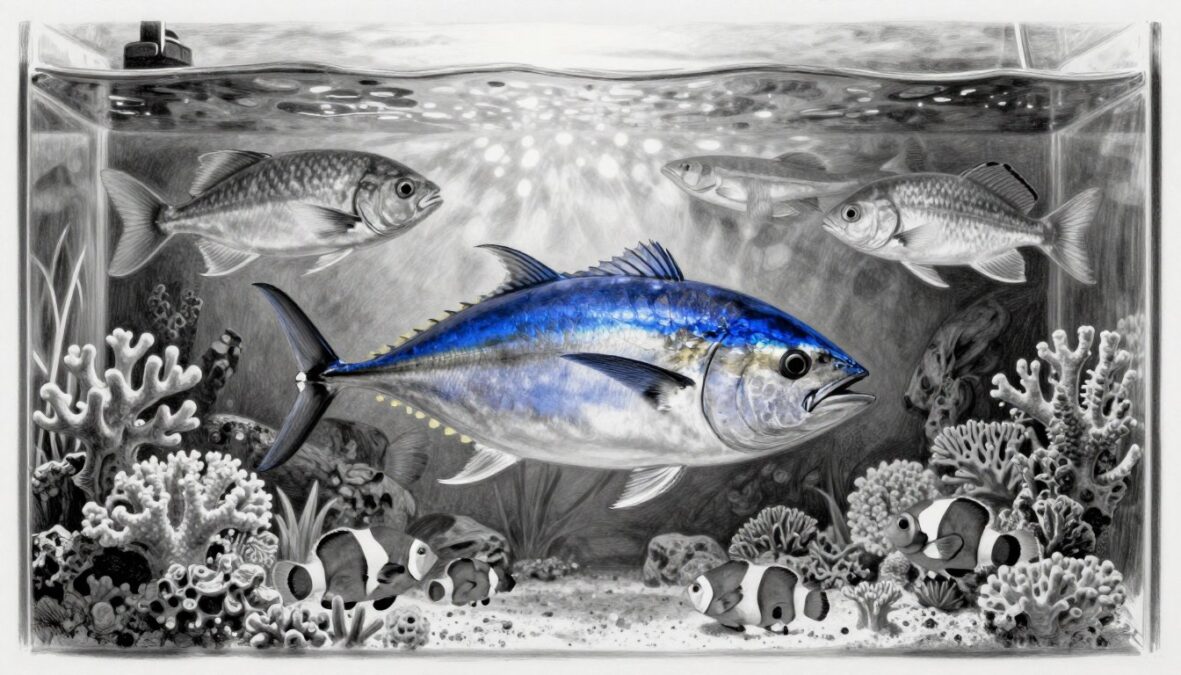 A stunning aquarium scene featuring luxury ornamental fish, prominently displaying a vibrant bluefin tuna at the center, surrounded by rare and exotic species like the majestic arowana and colorful clownfish. The foreground is filled with intricately detailed coral and aquatic plants, creating a lush environment for the fish. The middle ground showcases the fish swimming gracefully through clear water, with the sunlight filtering in, casting dappled reflections on the tank walls. The background includes soft silhouettes of additional fish and subtle hints of rocks, enhancing depth. The atmosphere is tranquil and captivating, captured in a pencil sketch style with black and white tones, complemented by strategic bursts of color on the fish, emphasizing their beauty and rarity. The composition is visually balanced, focusing on the elegance and allure of these expensive aquarium inhabitants.