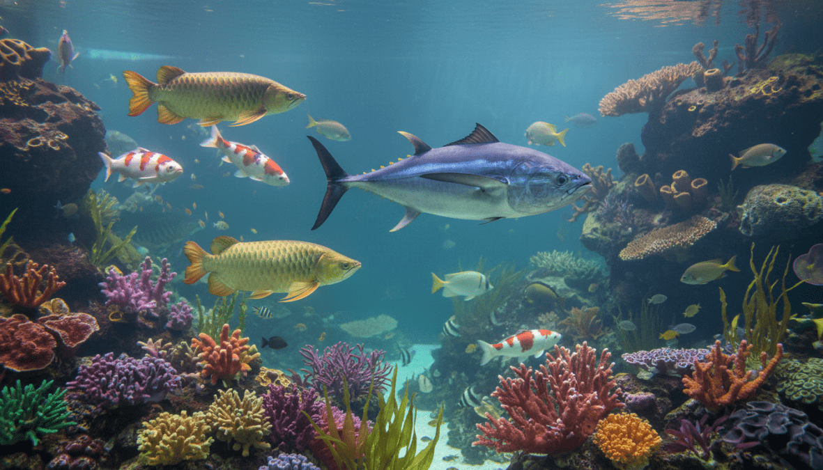 A stunning aquarium scene showcasing the world’s most expensive decorative fish, including a majestic bluefin tuna surrounded by rare species like the koi and arowana. In the foreground, vibrant corals and aquatic plants create a lush environment, enhancing the colorful scales of the fish as they gracefully swim. The middle ground features the bluefin tuna prominently, its striking blue and silver hues shimmering under soft, diffused lighting that mimics natural sunlight filtering through the water. The background reveals a picturesque underwater landscape with gentle currents and soft, blurred silhouettes of other exotic fish. The overall atmosphere is serene and luxurious, evoking the beauty and rarity of these aquatic treasures, captured from a slightly angled, wide shot to emphasize depth and movement in this exquisite underwater world. A stunning aquarium scene showcasing the world’s most expensive decorative fish, including a majestic bluefin tuna surrounded by rare species like the koi and arowana. In the foreground, vibrant corals and aquatic plants create a lush environment, enhancing the colorful scales of the fish as they gracefully swim. The middle ground features the bluefin tuna prominently, its striking blue and silver hues shimmering under soft, diffused lighting that mimics natural sunlight filtering through the water. The background reveals a picturesque underwater landscape with gentle currents and soft, blurred silhouettes of other exotic fish. The overall atmosphere is serene and luxurious, evoking the beauty and rarity of these aquatic treasures, captured from a slightly angled, wide shot to emphasize depth and movement in this exquisite underwater world.