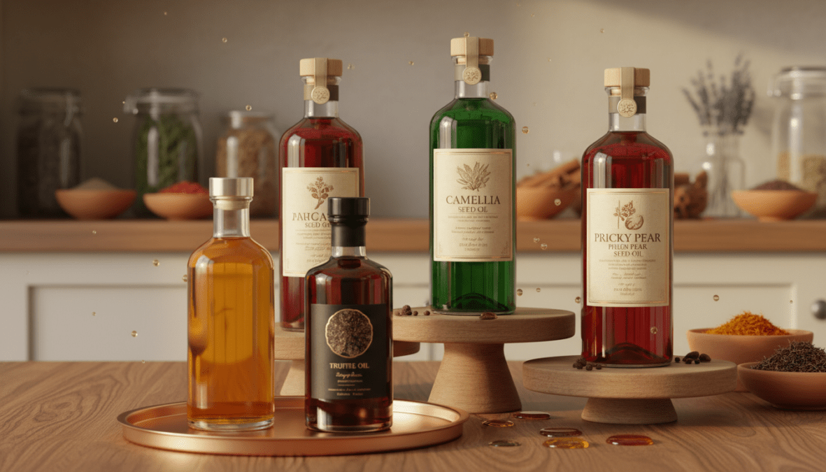 A stunning arrangement of the world's most expensive oils displayed in elegant glass bottles, each showcasing their unique design and color. In the foreground, a glistening bottle of Argan oil with a rich golden hue, next to a dark, earthy bottle of Truffle oil, both set on a polished wooden table. In the middle ground, larger, more rare oil bottles with intricate labels and textures, surrounded by small drops of oil reflecting soft light. The background features a softly blurred pantry shelf with herbs and spices, enhancing the luxurious atmosphere. Use warm, natural lighting to emphasize the sheen of the glass and the rich colors of the oils. Aim for a close-up angle that captures the exquisite details and textures, evoking a sense of opulence and gourmet appeal.