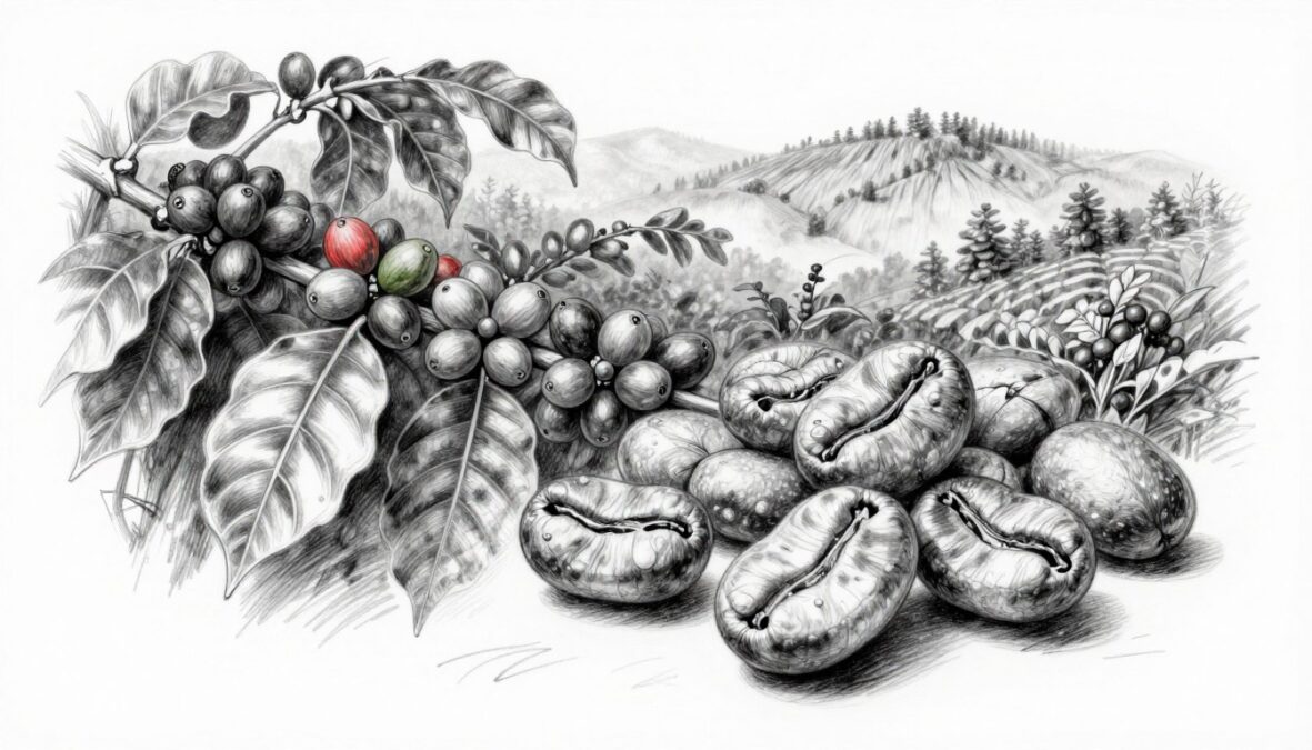 A stunning black and white pencil sketch depicting the exquisite Geisha coffee bean and its unique botanical characteristics. In the foreground, showcase the intricate, elongated Geisha coffee beans, detailed with delicate shading and highlighted with subtle colored accents representing the vibrant hues of ripening fruit. In the middle ground, depict lush coffee plants with rounded leaves and clusters of coffee cherries, accented with hints of red and green. In the background, create a serene landscape with soft rolling hills and a misty atmosphere, suggesting a tranquil coffee-growing region. The lighting should be soft and diffused, creating an elegant ambiance that captures the essence of this rare coffee variety. The overall mood is refined and sophisticated, appealing to coffee connoisseurs.