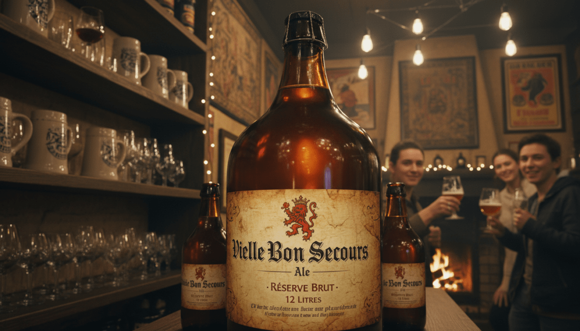 A stunning depiction of a Vieille Bon Secours Ale 12-liter bottle prominently displayed in the foreground, showcasing its intricate label and unique shape. The bottle is elegantly illuminated by soft, warm lighting that highlights its amber hue and the reflections of the glass. In the middle ground, a rustic Belgian pub is subtly suggested, with aged wooden shelves and a few artisanal beer glasses, enhancing the atmosphere of craftsmanship and tradition. The background is a blurred hint of bustling patrons enjoying their drinks, evoking a cozy, inviting ambiance. The scene captures the premium nature of this extraordinary beer, inviting the viewer to appreciate its luxurious appeal and depth. The angle is slightly low, giving the bottle a majestic presence, while maintaining a warm, inviting mood throughout the image. A stunning depiction of a Vieille Bon Secours Ale 12-liter bottle prominently displayed in the foreground, showcasing its intricate label and unique shape. The bottle is elegantly illuminated by soft, warm lighting that highlights its amber hue and the reflections of the glass. In the middle ground, a rustic Belgian pub is subtly suggested, with aged wooden shelves and a few artisanal beer glasses, enhancing the atmosphere of craftsmanship and tradition. The background is a blurred hint of bustling patrons enjoying their drinks, evoking a cozy, inviting ambiance. The scene captures the premium nature of this extraordinary beer, inviting the viewer to appreciate its luxurious appeal and depth. The angle is slightly low, giving the bottle a majestic presence, while maintaining a warm, inviting mood throughout the image.