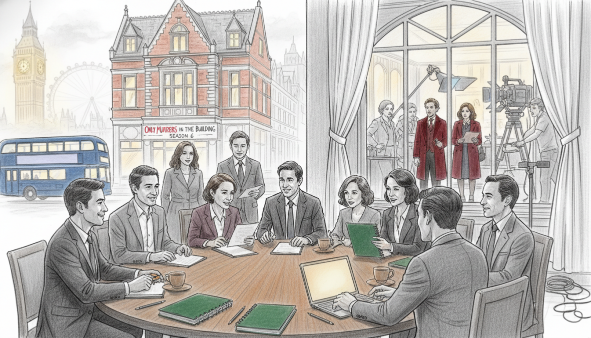 A stylish and cozy London building with an iconic architecture style, serving as the setting for the "Only Murders" production team in black and white pencil sketch, featuring selective color accents that highlight key elements. In the foreground, display a diverse group of professional individuals dressed in smart business attire, gathered around a table with scripts and coffee cups, deep in discussion and collaboration. In the middle ground, actors and crew members can be seen setting up for a scene, with equipment like cameras and lighting rigs. The background reveals classic London architecture, with hints of the city's famous landmarks peeking through. Soft, natural lighting creates a warm atmosphere, evoking a sense of creativity and teamwork as the team prepares for the sixth season.