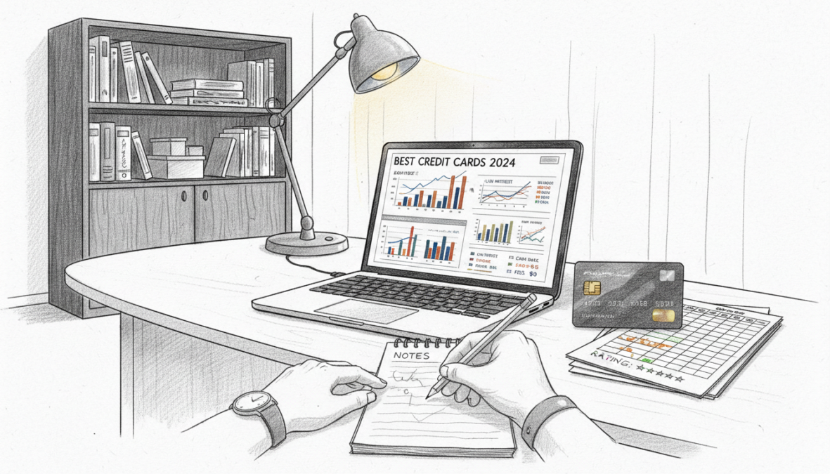 A stylized black and white illustration of a professional workspace focused on credit card comparison, featuring a sleek desk with a laptop displaying graphs and charts related to credit card offers. In the foreground, a hand is seen taking notes on a notepad, symbolizing journalistic standards. The middle ground showcases a modern credit card displayed alongside relevant financial documents, like comparison tables and ratings. The background includes a minimalistic bookshelf filled with financial books and magazines, lit softly by a desk lamp, creating a warm, inviting atmosphere. Selective colorful accents highlight key elements, such as the credit card and important figures on the laptop screen. The overall mood is analytical and professional, reflecting diligence and expertise in financial journalism.