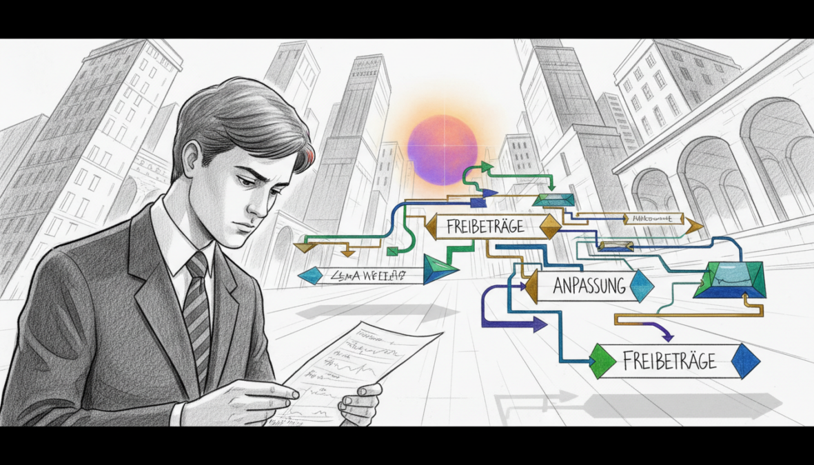 A stylized illustration showcasing the concept of "Dynamisierung der Freibeträge," depicted in pencil black and white with selective colorful accents. In the foreground, a well-dressed individual, symbolizing a student, is examining a financial document with thoughtful expression. In the middle ground, a dynamic flowchart illustrates the changes in financial thresholds, with arrows and interactive elements highlighted in a vibrant color. The background features an abstract representation of a university, with towering buildings and open spaces, captured through a slightly tilted perspective to evoke a sense of progress and reform. Soft diffused lighting enhances the professional atmosphere, emphasizing the importance of educational finance reforms for the future. The overall mood is optimistic and forward-looking, reflecting the theme of imminent change and opportunity.