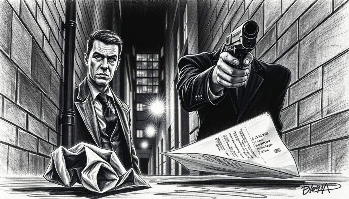 A tense scene set in a dimly lit urban alley, featuring a professional male detective in a tailored suit, looking shocked as he realizes the danger around him. In the foreground, a crumpled piece of paper lies on the ground, hinting at crucial clues. The middle ground shows a shadowy figure aiming a firearm, the focus sharp on the weapon and the detective’s expression of dread. The background reveals a blurred cityscape, with eerie streetlights casting streaks of light. The overall mood is suspenseful and dramatic, emphasizing the gravity of the moment. The entire image is rendered in pencil with stark black and white contrasts, highlighted by selective bursts of color to accentuate critical elements like the weapon and the paper, creating a striking visual narrative.