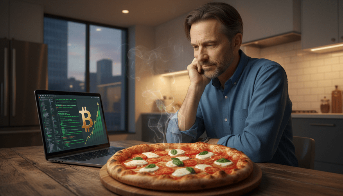 A thoughtful portrayal of Laszlo Hanyecz today, reflecting on his historic Bitcoin pizza purchase. In the foreground, a middle-aged man with short, neatly styled hair, wearing a smart casual shirt, is seated at a rustic wooden table with an open laptop, displaying lines of code and a Bitcoin graphic. His expression is contemplative, with hints of nostalgia and curiosity. In the middle ground, a sumptuous pizza topped with vibrant ingredients like fresh basil, tomatoes, and mozzarella sits steaming, symbolizing his famous 2010 transaction. The background includes a modern kitchen setting with soft, warm lighting, creating an inviting atmosphere. The image is captured from a slight angle to emphasize the pizza and the mood of reflection, suggesting a blend of past regrets and the future of cryptocurrency.
