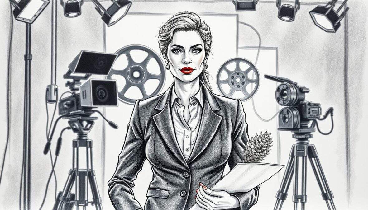 A vibrant black and white pencil sketch of a powerful woman in the film industry, standing confidently in a studio surrounded by film equipment. She wears a tailored business suit, embodying professionalism and strength. In the foreground, her determined expression reveals the struggles and triumphs of women in filmmaking. Subtle colored accents, perhaps a deep red or soft blue, highlight elements like a script in her hand or the film reel behind her, symbolizing creativity and passion. The background features abstract shapes representing the challenges and stigmas faced by women in the industry. The lighting is dramatic, casting shadows that emphasize her features, creating an atmosphere of resilience and inspiration in the world of film.