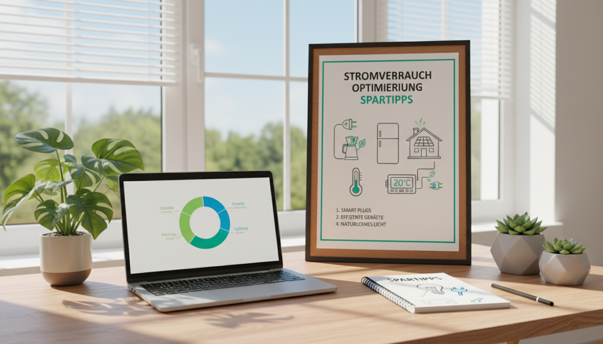A visually engaging image focusing on "Stromverbrauch Optimierung Spartipps" featuring an elegant workspace. In the foreground, a modern desk with a laptop open to an energy usage chart, surrounded by potted plants and a notepad with hand-drawn lightbulb ideas. The middle ground showcases an infographic depicting various tips for energy savings, such as smart plugs and energy-efficient appliances, illustrated in stylish black and white with selective color accents. The background features a window with natural light streaming in, casting gentle shadows to create a warm atmosphere. The scene conveys an optimistic mood while emphasizing professionalism, with no people present, ensuring a clean and focused visual narrative.