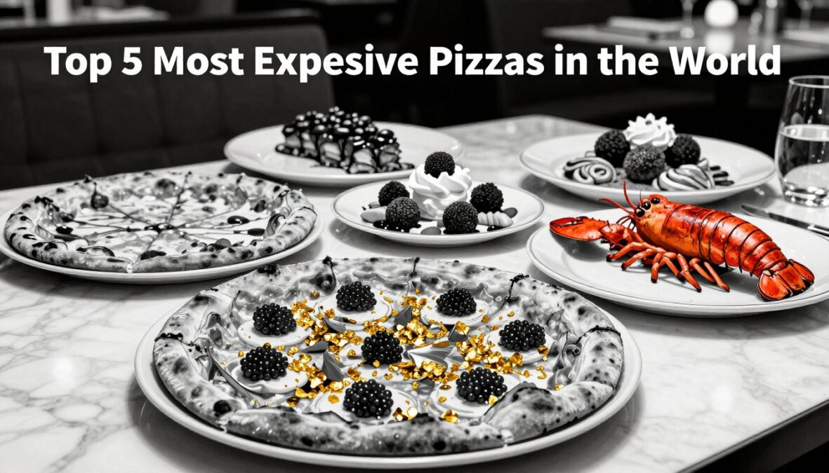 A visually striking black and white illustration showcasing the "Top 5 Most Expensive Pizzas in the World," with selective vibrant color accents highlighting key ingredients. In the foreground, an opulent pizza topped with caviar and gold flakes, representing the Louis XIII. In the middle, four other extravagant pizzas, each distinct in appearance, extravagant toppings like truffles and lobster, attractively arranged on elegant plates. The background features a sophisticated dining setting, softly lit to create a warm, luxurious atmosphere. The composition should evoke a sense of indulgence and gourmet sophistication, with a shallow depth of field emphasizing the pizzas while keeping details in the background subtly blurred. The overall tone should be classy and inviting, perfect for an upscale culinary experience. A visually striking black and white illustration showcasing the "Top 5 Most Expensive Pizzas in the World," with selective vibrant color accents highlighting key ingredients. In the foreground, an opulent pizza topped with caviar and gold flakes, representing the Louis XIII. In the middle, four other extravagant pizzas, each distinct in appearance, extravagant toppings like truffles and lobster, attractively arranged on elegant plates. The background features a sophisticated dining setting, softly lit to create a warm, luxurious atmosphere. The composition should evoke a sense of indulgence and gourmet sophistication, with a shallow depth of field emphasizing the pizzas while keeping details in the background subtly blurred. The overall tone should be classy and inviting, perfect for an upscale culinary experience.